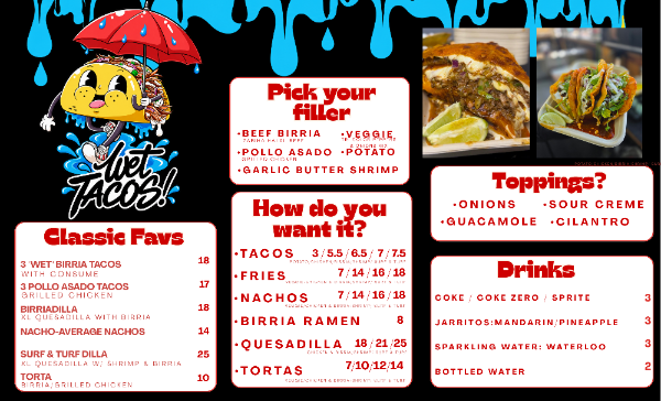 Wet Tacos menu board with prices